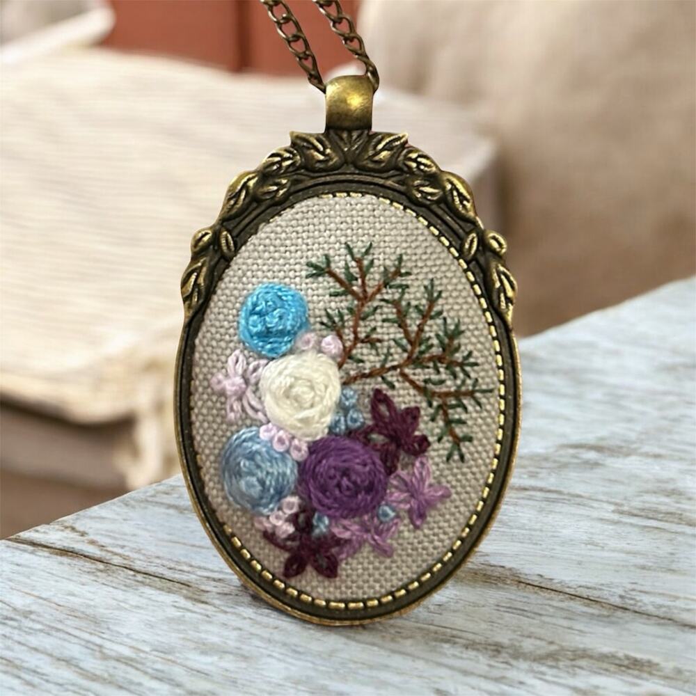 Hand-stitched Blue, White, & Purple Floral Embroidery Pendant Necklace